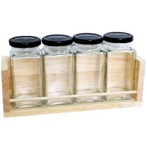 핸드팩토리 양념통 선반 세트, 1세트, 양념통 사각 라지 블랙캡 4p + 1단 양념통 우드선반 중