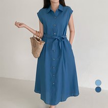 무드인더 여성용 민소매 데님 스트랩 버튼 롱 원피스