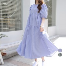 빼빼 잔잔체크 퍼프소매 프릴 롱 반팔 원피스