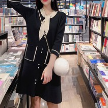 페이퍼먼츠 리본 넥 진주 장식 7부소매 니트 미니 원피스 6463