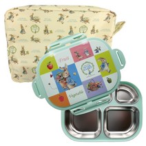 피터래빗 잠금형 기능성 안전 이중 스텐 식판 도시락 + 주머니 세트, 올리브, 식판 + 밑판 + 뚜껑 + 주머니