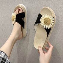 올나인 여성용 썬플라워 장식 스트랩 통굽샌들