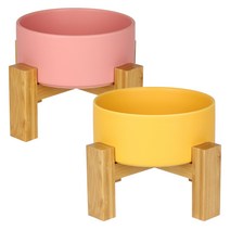 멍지 반려동물 2단 높이 세라믹 식기 L, 핑크, 옐로우, 2개