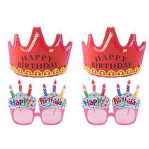 파티팡 LED 생일 왕관 레드 2p + 생일 컵케익 안경 2p 세트, 핑크, 1세트