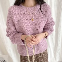 여성용 크론디 스카시 알파카 라운드 베이직 루즈핏 부클 니트