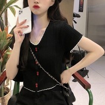 공블리 여성용 더블 버튼 물결 반팔 티셔츠 CST1349