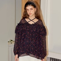 살롱드욘 레이스 포인트 러플 긴팔 쉬폰 블라우스