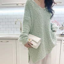 비비에모 여성용 루즈핏 브이넥 팝콘 트임 니트 티셔츠 00417