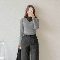 로미스토리 여성용 베이직 물결 브이넥 골지니트