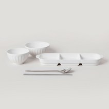 쓰임 마일드 나눔 1인 홈 식기세트 4p, 화이트, 공기 + 대접 + 3절 찬기 + 수저세트