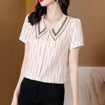 아뗄릭 물결카라넥 반소매 직선 패턴 쉬폰 블라우스 00803