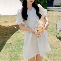 비비에모 랩브이넥 어깨퍼프 플라워 플레어 미니 원피스 01237