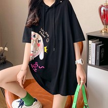 메이첼 여성용 후드넥 일러스트 프린팅 반팔 티셔츠 00810