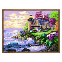 순잠 깜찍 모던 수채화 유채화 개릭터 그림그리기 DIY 세트 50 x 65 x 2.5 cm, 34 외딴섬 하우스