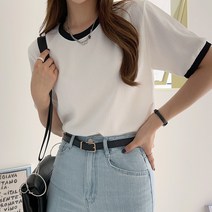 세컨그라운드 여성용 배색 라운드 반팔 티셔츠