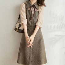 페이퍼먼츠 가을 리본 카라 중앙 버튼 배색 원피스 02524