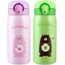 해피베어 원터치 보온보냉병 350ml x 2종 세트, 핑크, 그린