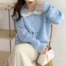 페이퍼먼츠 여성용 배색 라운드카라 입체 플라워 도톰 긴팔 니트 스웨터 02874