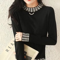 페이퍼먼츠 여성용 첵스라인 심플 니트 반폴라 티셔츠 03148