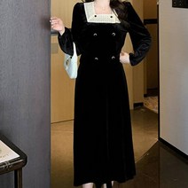 페이퍼먼츠 스퀘어넥 레이스 배색 레트로 벨벳 긴팔 상의 + 플레어 스커트 세트 02995