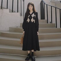 패션풀 여성용 아가일 니트 배색 원피스 28935