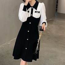 비첼라 비비에모 리본 포켓 셔츠 카라 배색 니트 소매 플레어 미디 원피스 02716