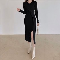비첼라 비비에모 브이넥 허리 꼬임 슬림핏 트임 롱 원피스 01880