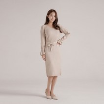 젬블링 슬림 하객룩 골지 긴팔 미디 롱 니트 원피스
