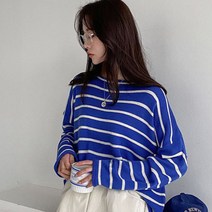 오오엘 여성용 오버핏 스트라이프 입술넥 말림 리블리 보트넥