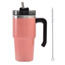 파스텔 스텐 보온 보냉 빨대 텀블러 + 빨대 청소솔, 600ml, 핑크