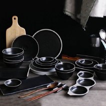 리엔 마리 펄블랙 분청 4인 홈세트 27p, 1세트, 사각접시대 1p + 공기 4p +  대접 4p + 찬기소 4p + 찬기중 4p + 찬기대 2p + 원형접시중 2p + 웨이브 수저받침 4p + 징접시특대 1p + 생선접시 특대 1p