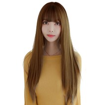 하이유니 풀 뱅 스트레이트 펌 롱 헤어 긴머리 통가발 가발 75cm + 가발망 + 거치대 세트, 허니브라운