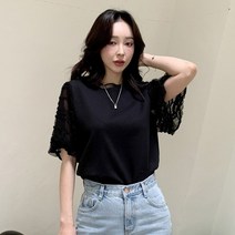 시크블랙 여성용 마티르 레이스 포인트 반팔 티셔츠 T9107K23