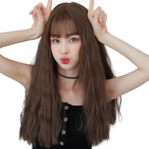 하이유니 히피펌 뱅 헤어 통가발 54cm + 가발망 + 거치대 세트, 쿨브라운(가발), 랜덤발송(거치대)