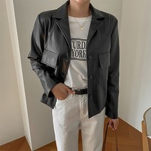 여성용 세미 크롭 오픈 카라 레더 자켓