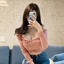 레몬티 여성용 프릴 크로스 오프숄더 긴팔 티셔츠 lkf238