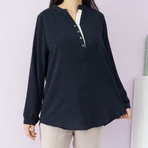 빅걸스토리 여성용 긴팔 차이나 카라 브이넥 여리한 마르 블라우스