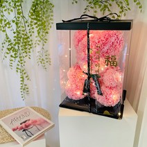러블리팜 조화 로즈베어 L + 전용 케이스 + LED 전구 + 레터링 시트지 명절 세트, L사이즈, 핑크(로즈베어), 골드(레터링 시트지)