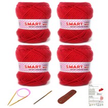 행복뜨기 스마트울 털실 뜨개실 4p + 대바늘 6mm + 돗바늘 + 가죽라벨 + 목도리도안, 2808 빨강, 1세트