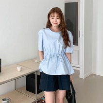 프레프 퍼프 허리 스트링 라운드넥 반팔 블라우스 cpbl5163k34