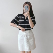 로미스토리 여성용 빅사이즈 스카시 배색 단가라 반팔 니트