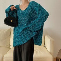 레몬소울 여성용 롱그 루즈핏 브이넥 니트티