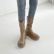 디아 여성용 라운드 가죽 어글리 뒷지퍼 키높이 통굽 미들부츠