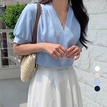 보에리에 여성용 브이넥 소매 핀턱 반팔 블라우스