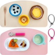 마이엘리 실리콘 유아용 테이블 매트 2p + 보관용 타이 랜덤발송 2p 세트, Pink + Beige, 385 x 215 x 2.2mm