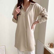 플랜데이 여성용 베이직 루즈핏 스판 긴팔 롱 셔츠