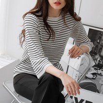 오오엘 여성용 스트라이프 리치 7부 라운드 니트