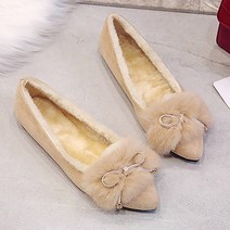 여성용 포근한 발 바닥 리본 스퀘어 퍼 플랫슈즈