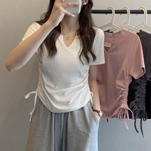 여성용 옆라인 스트링 조절 브이넥 베이직 반팔 티셔츠 JNH1114