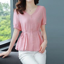레몬소울 레이먼 쏘루 브이넥 단추 반팔 블라우스